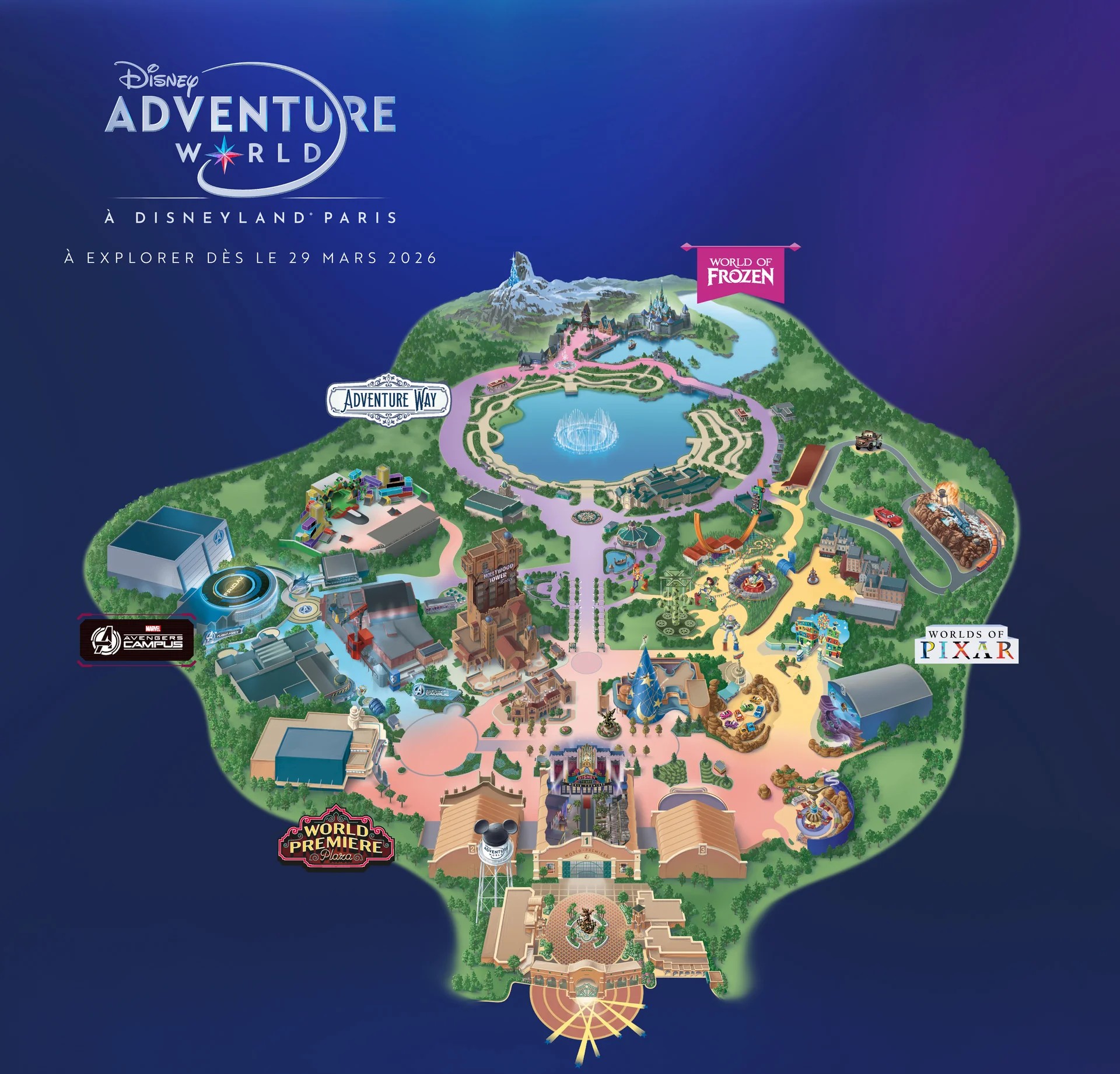 Plan officiel de Disney Adventure World pour son ouverture le 29 mars 2026 à Disneyland Paris